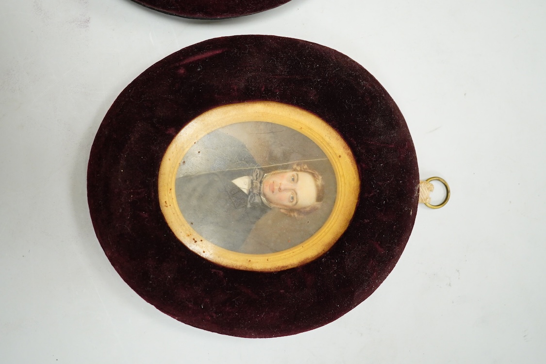 William Egley (1798-1870), Pair of portrait miniatures of a husband and wife, Mr. & Mrs. John Forman, Duncrahill, East Lothian, sittings taken October 1857, picture finished 1868, each with ink inscriptions verso, oval w